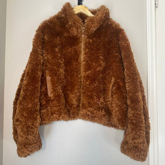 Anthropologie Maeve Teddy Faux Fur Cropped Zip Up Jacket Honey Brown, 2X - Picture 3 of 8